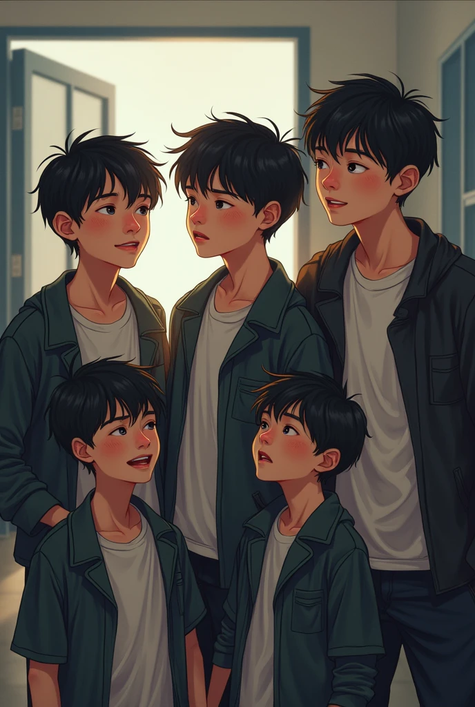 Four boys and two friend unhappy,sad and two Friday happy school