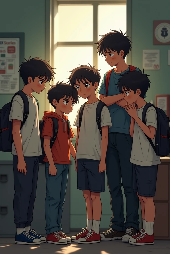 Four boys and two friend unhappy,sad and two Friday happy school 