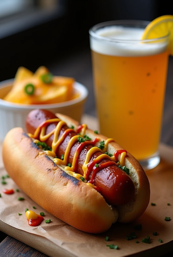 Un menu de 1 hot-dog avec sauce ketchup moutarde avec un ravier de nachos sauce cheddar jalapeños et une boisson à New-York