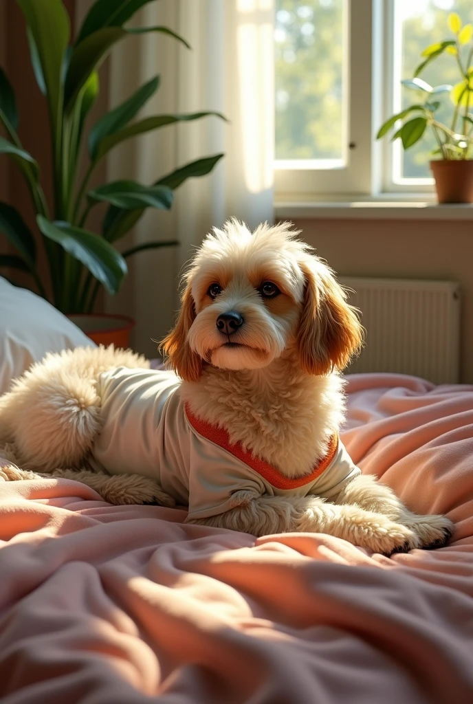 (photorealism:1.2), beautiful Dog sitting on bed, wearing loose off-shoulder top, pajama pants, long curly hair, indoors, soft lighting, plants in background, window with sunlight, cozy room, relaxed pose, realistic, intricate details, warm colors, by Greg Rutkowski, by Alphonse Mucha