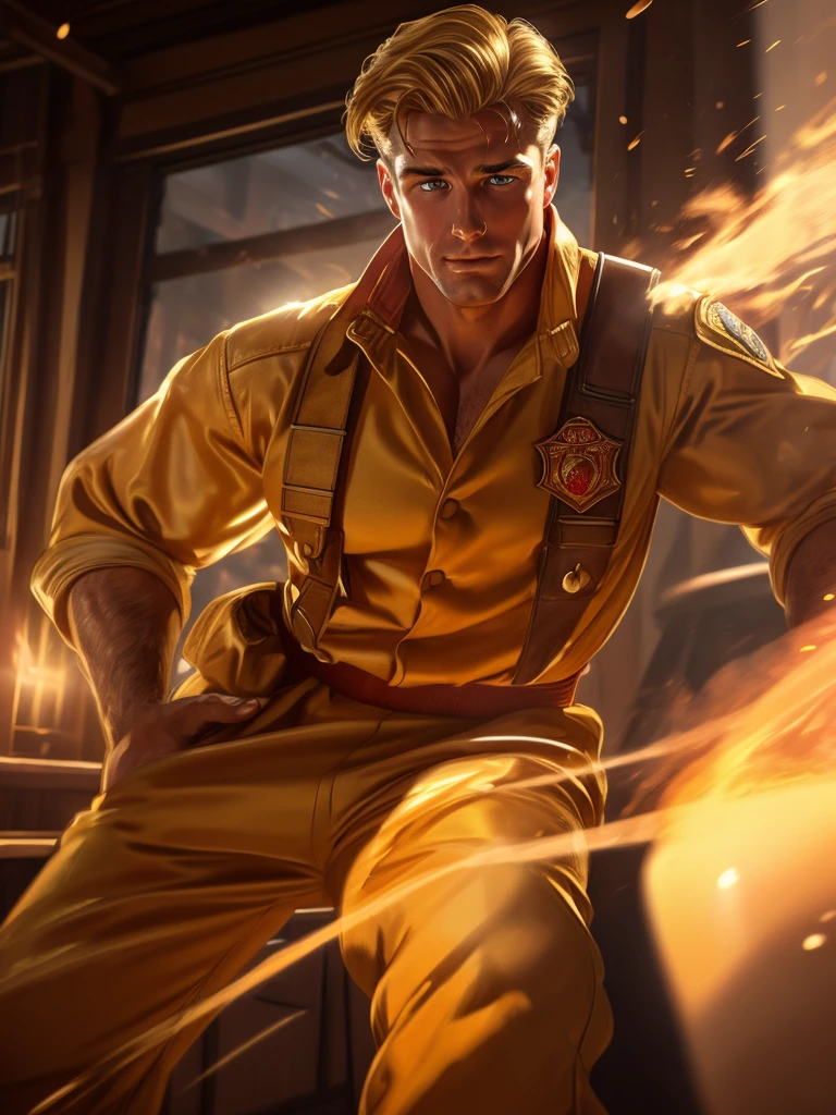 Leyendecker style illustration: Close up of a male firefighter taking off his clothes at a fire station, seductive facial expression, blond hair, very hairy body, sweat on body, firefighter uniform, firefighter gear, pants down, dynamic pose, staring at viewer, natural light, natural shadows, reflections, 4K, HDR, high detail, ray tracing, reflections,