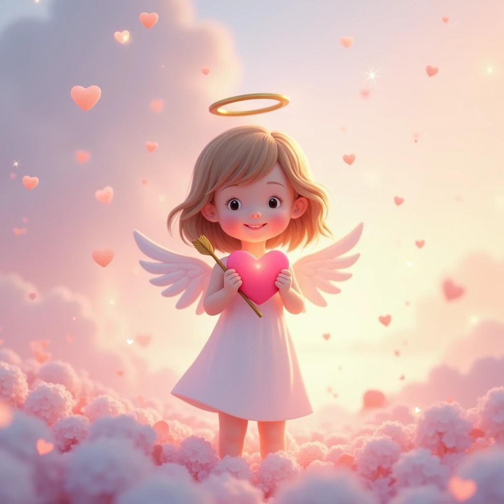 Angel of Love、Wrapped in a soft pastel color background、Adorable angel character。The angel has small white wings、She has a gentle smile。She has a heart-shaped arrow in her hand、The arrow symbolizes the power of love.。Pale pink and purple clouds float in the background.、Stars and little hearts are shining。Petals flutter around the angel、The warm light that symbolizes love and happiness shines.。The overall tone is romantic.、It's an atmosphere full of love and kindness.。