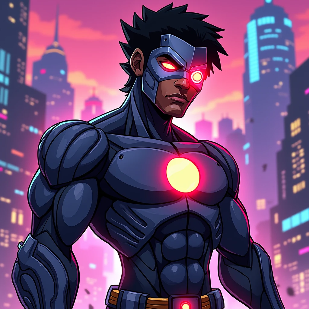 Cartoon 2D, syborg,  titans, big black man, blue, city, نصف صورت رباتی با یک چشم قرمز