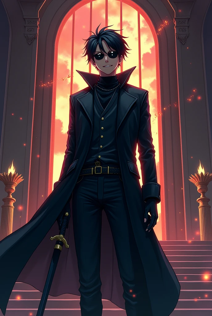 ((illustration)), (best quality)), ((masterpiece)), (detailed), teenager, 1male, black hair, jacket, black gloves, long coat, sunglasses, leather, solo, anime: 2, city, night, flat color, throne room, holding sword, glowing eyes, crazy smile, cinematic, epic, anime, fire, explosion, kingdom background, crown, One piece style, stairway, King,