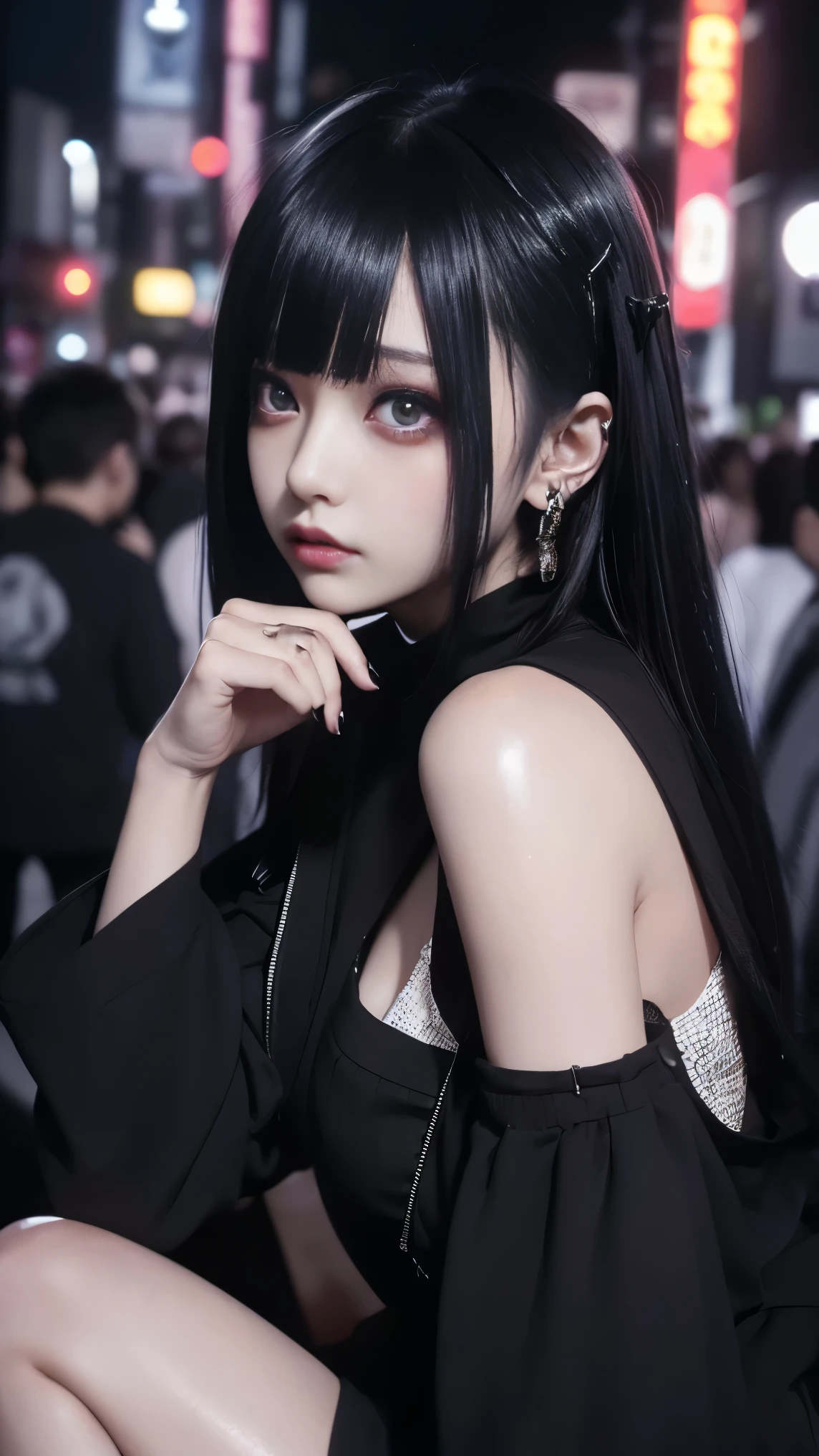 Cinema Lighting、(Key Light：Front 45 degree angle, Subsidy Light、Backlight、Shadow、Blue and orange color palette), Accurate human body、Knowledgeable person、Correct five-finger、RAW Photos、4K - ultra-vivid、Highest quality, masterpiece, Ultra-high resolution, (reality: 1.4), 


(((Oilskin,Glowing Skin、Realistic skin texture、Beautiful skin in every detail、Glowing Skin、Glowing Skin)))、

Beautiful youth, 1 girl, 魅力的なgirl, クールなgirl、girl、mini skirt、Black Mask、((赤いHeavy makeup))、((Small breasts)) 、 girl1人, Purple eyes, Off-the-shoulder sweater dress, Cinema Lighting、purple and black hair、(Mine girl、Goth Makeup、My Makeup)、(Earrings、Small breasts、An oversized black t-shirt with open shoulders、ダークmini skirt)、((Heavy makeup、Oilskin,Glowing Skin、Realistic skin texture、Fine and beautiful skin、Glowing Skin)), Dark downtown at night、Kabukicho、Dark Cyberpunk、(Full Shot:1.8)、Thin legs、Thin arms、Narrow shoulders、Tight waist、Slender body、Small breasts、whole body
