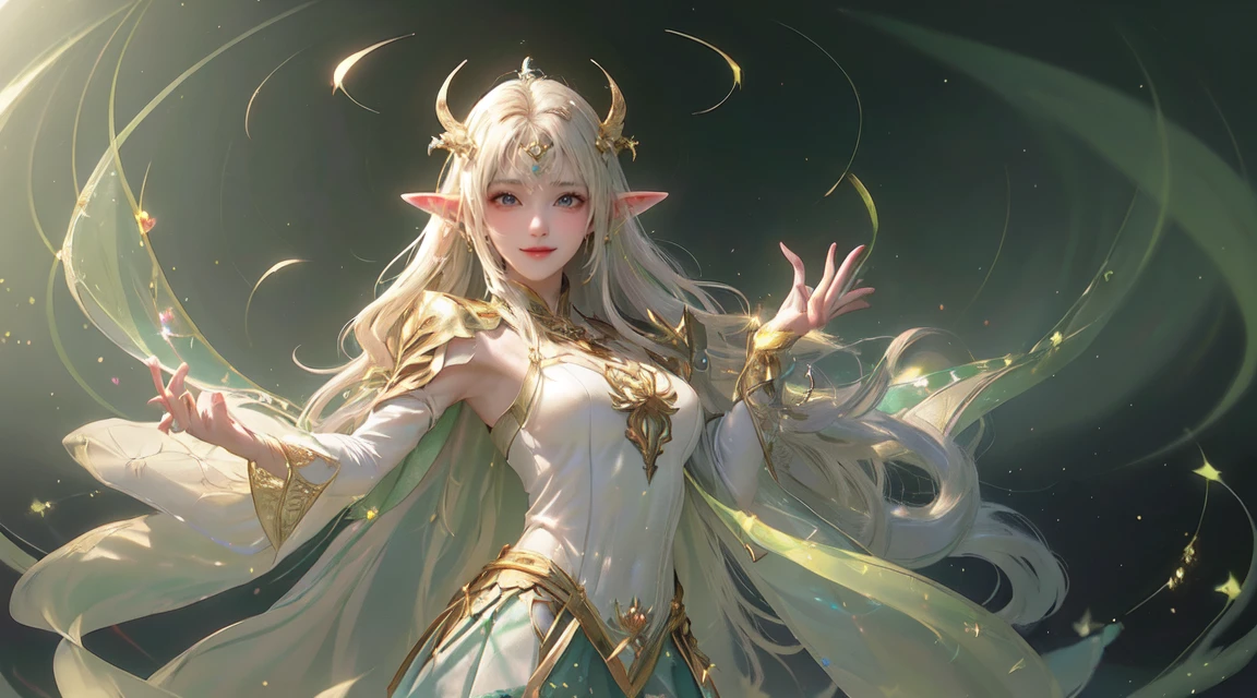 (((masterpiece, best quality, high resolution, Attention to detail)))), ((((fantasy)))), one, (Elf Woman)))), (White and gold embroidered skirt), (Long straight blond hair), (Beautiful dark green eyes)))), (Green cape armor with gold embroidery)), Large target, (Gale), (Casting a Spell)), (Many shining particles are flying), ((( In my hands, a vortex of light gathers))), (((The background is a dense magic circle of light filled with geometric patterns and magic words..))), ((Many glowing green arrows were shot out)), forest, The magic circle is reflected on the cloak