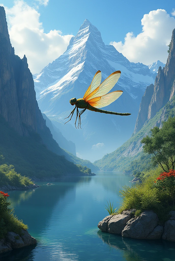 The dragon fly and the background is mountains