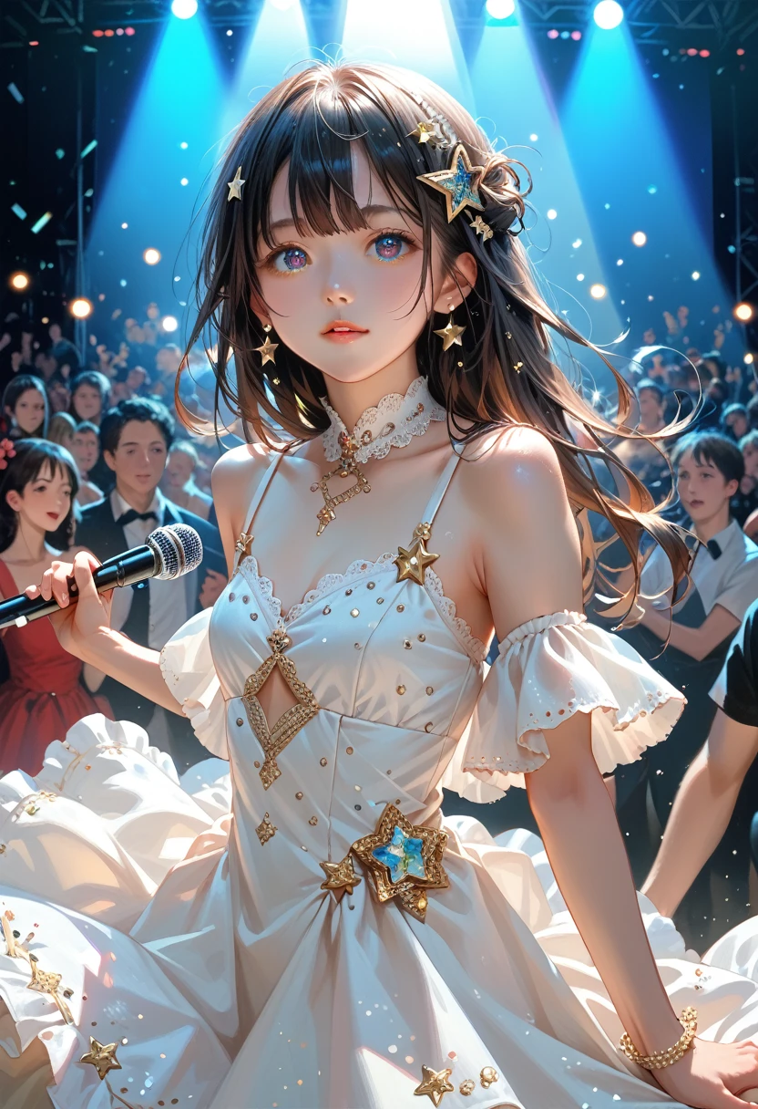 1 girl, One, Best quality, masterpiece , rubi hoshino,  hair ornament, sparkling eyes, star on the eye, (star on the right eye:1), (dress:1.4), (concert 1), On the stage,