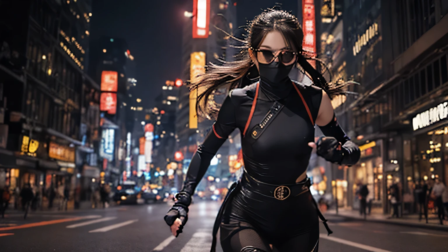 A female ninja wearing sunglasses is running through the city at night。Photorealistic，8k、The costume is revealing and looks easy to move in.。Lightly dressed、Photorealistic、8k、