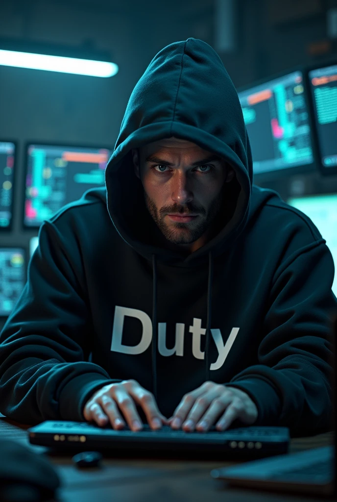 Create a fake man with a sweatshirt that says duty and make him hack and have a hacker background