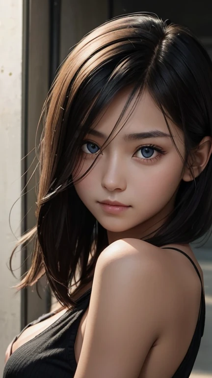 a girl who has short, beautiful shoulder-length hair and eyes that have the impression of a sharp gaze and has a cheeky and indifferent facial gesture