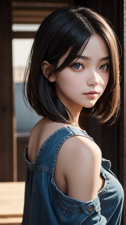 a girl who has short, beautiful shoulder-length hair and eyes that have the impression of a sharp gaze and has a cheeky and indifferent facial gesture