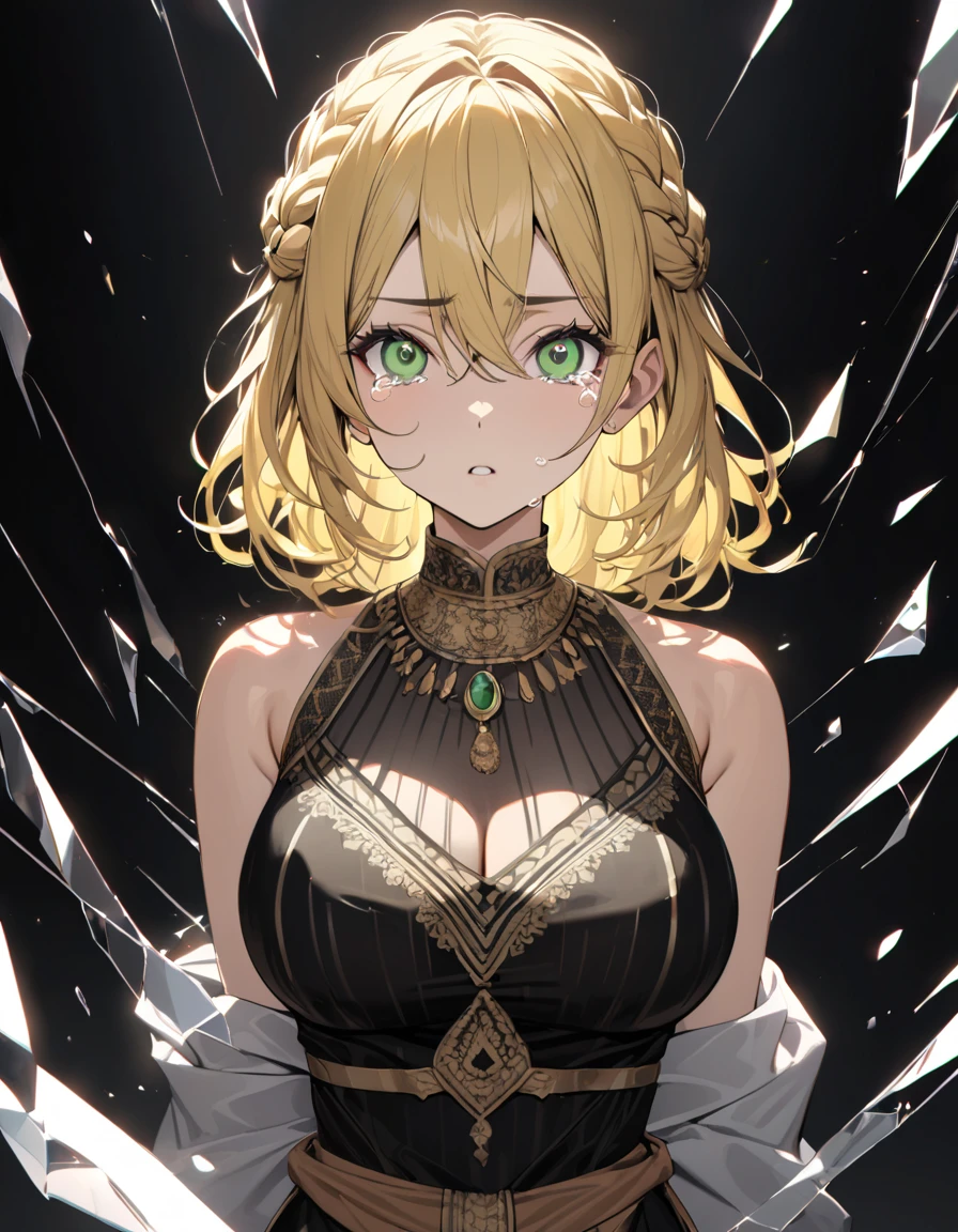 (masterpiece)、(absurdres)、(ultra detailed)、(8k),Anatomically correct,long shot:1.4,(solo woman:1.1,long yellow hair:1.1,hair between eyes,french braid:0.8,big breast:0.9,BREAK,green eyes,shock eyes:1.2,little round sapphire pendant:0.9,black stripes indian costume:1.1,upperbody shot:1.2,looking viewer,from front,Broken black glass:1.1,simple white background:1.3,cinematic lighting:1.3,hair blowing,tears:1.2,