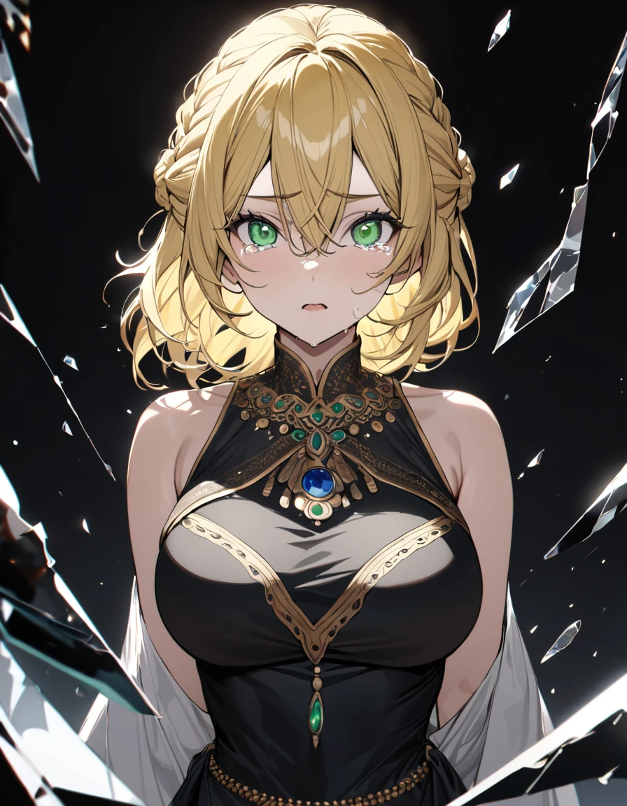 (masterpiece)、(absurdres)、(ultra detailed)、(8k),Anatomically correct,long shot:1.4,(solo woman:1.1,long yellow hair:1.1,hair between eyes,french braid:0.8,big breast:0.9,BREAK,green eyes,shock eyes:1.2,little round sapphire pendant:0.9,black stripes indian costume:1.1,upperbody shot:1.2,looking viewer,from front,Broken black glass:1.1,simple white background:1.3,cinematic lighting:1.3,hair blowing,tears:1.2,