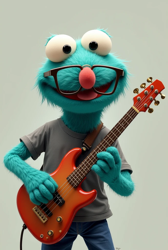 turquoise muppet with black square glasses wearing a band tee and playing guitar