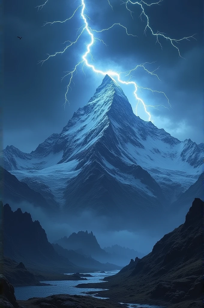 Paysage de nuit avec montagne enneigée et de la foudre très réaliste 