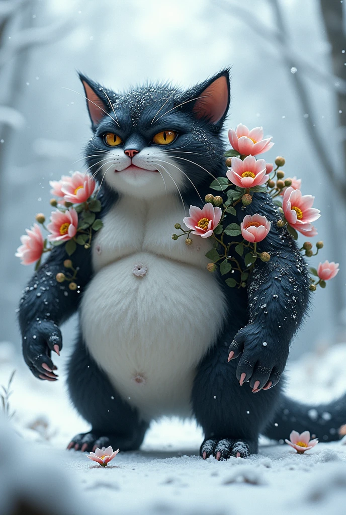 "A plump cat, mutated with black and white flowers, stands angrily on a blanket of white snow."