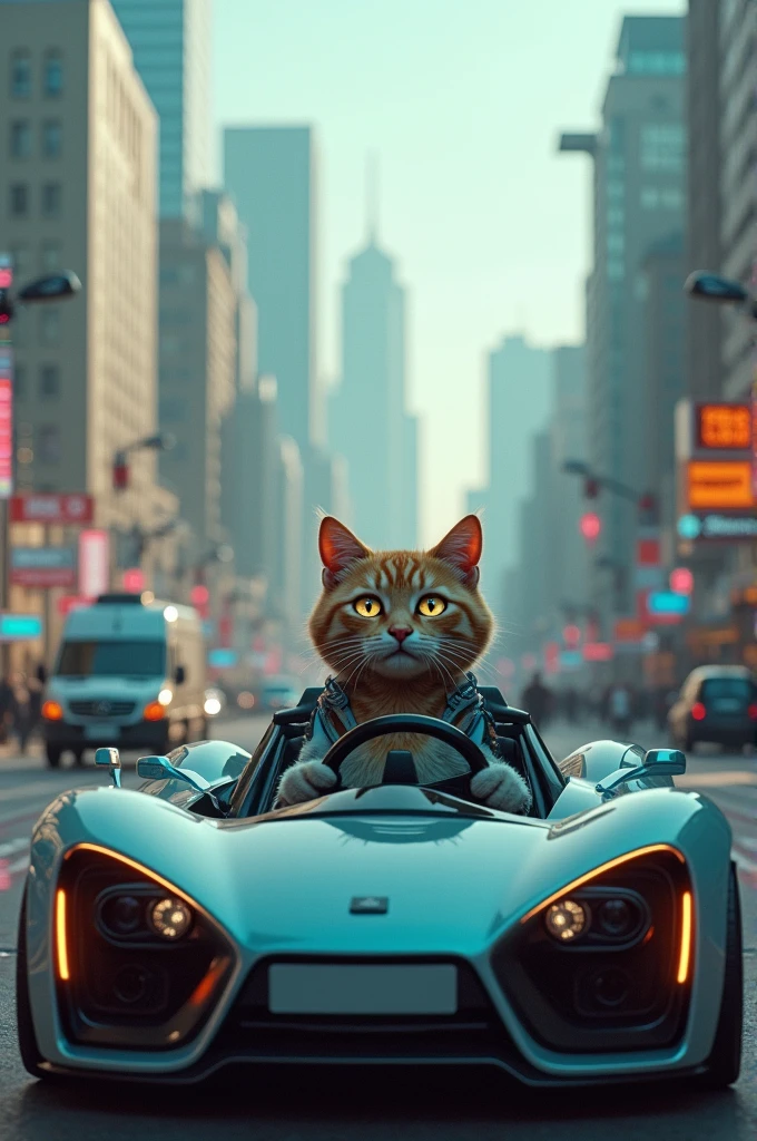 A ai cat, she drive on her car, with building background, a car with no cover head.