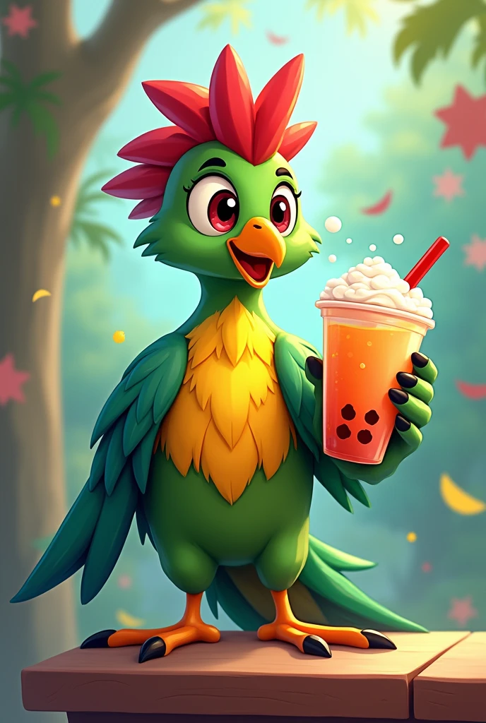 Cartoon of a quetzal showing a bubble tea