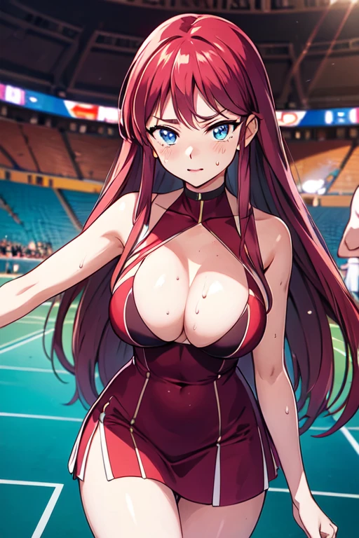 masterpiece, Highest quality, High resolution,  Red long hair、Blue Eyes　1990s \(style\),、(Big Breasts)、Sweating all over the body、vapor、、Dome Stadium　 Cheerleader　Glaring at me