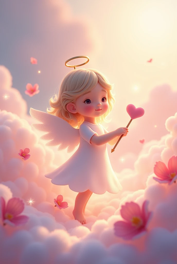 Angel of Love、Wrapped in a soft pastel color background、Adorable angel character。The angel has small white wings、She has a gentle smile。She has a heart-shaped arrow in her hand、The arrow symbolizes the power of love.。Pale pink and purple clouds float in the background.、Stars and little hearts are shining。Petals flutter around the angel、The warm light that symbolizes love and happiness shines.。The overall tone is romantic.、It&#39;s an atmosphere full of love and kindness.。