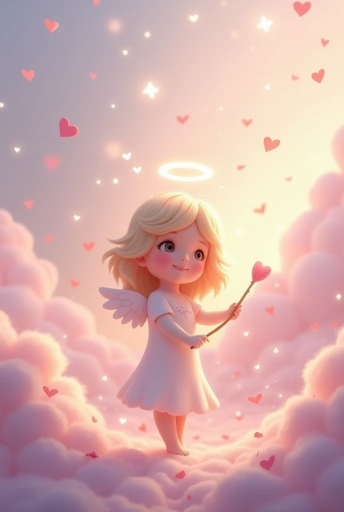 Angel of Love、Wrapped in a soft pastel color background、Adorable angel character。The angel has small white wings、She has a gentle smile。She has a heart-shaped arrow in her hand、The arrow symbolizes the power of love.。Pale pink and purple clouds float in the background.、Stars and little hearts are shining。Petals flutter around the angel、The warm light that symbolizes love and happiness shines.。The overall tone is romantic.、It&#39;s an atmosphere full of love and kindness.。