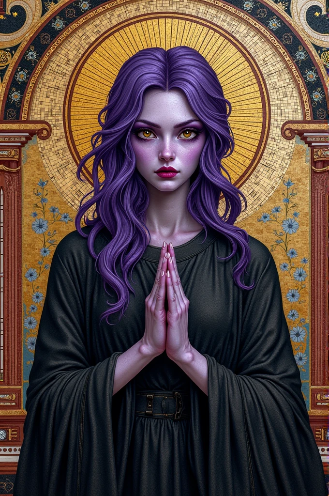 A ancient Roman mosaic tile of a saint, icon, female, purple hair, dark purple skin, eyes are big and serpentine burning, wearing a black robe