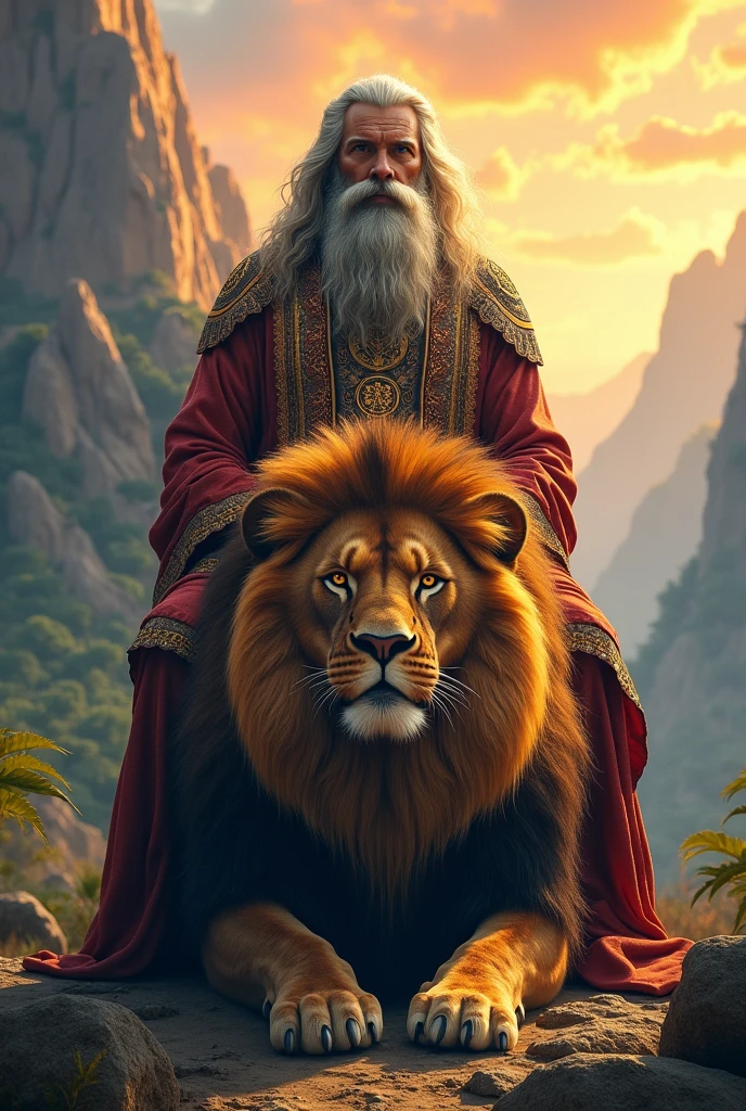 Make person with big beard sitting on lion