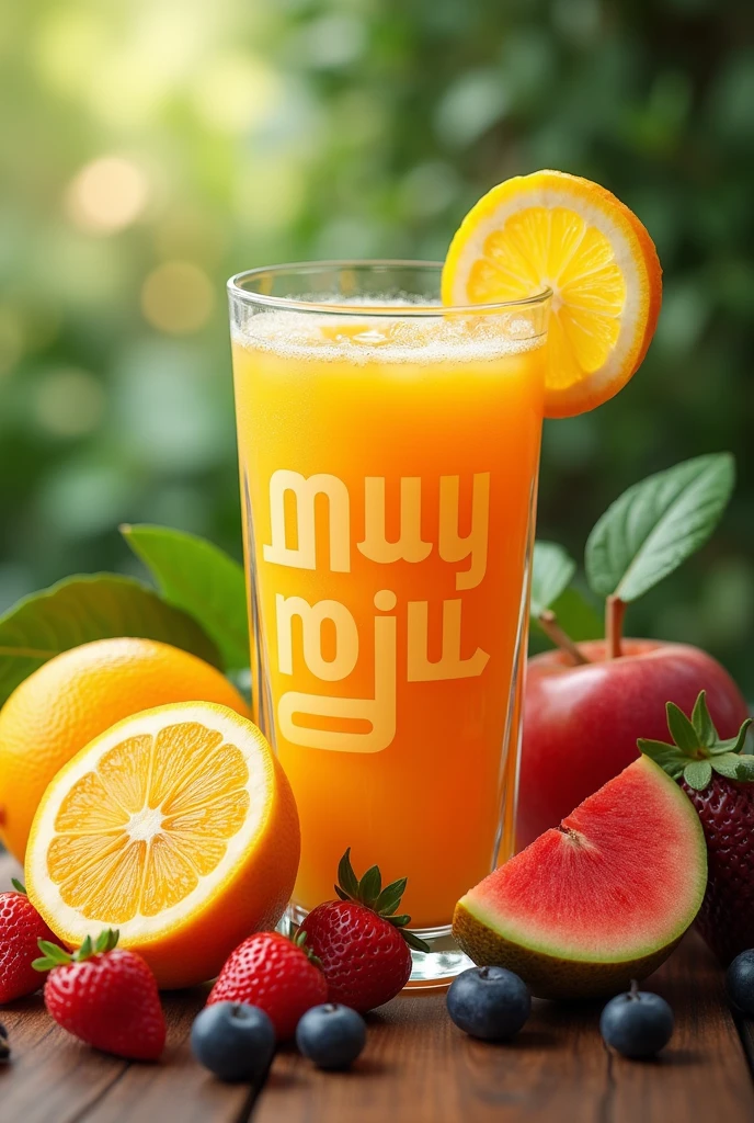 I want mugu logo with juice and fruits realistic background