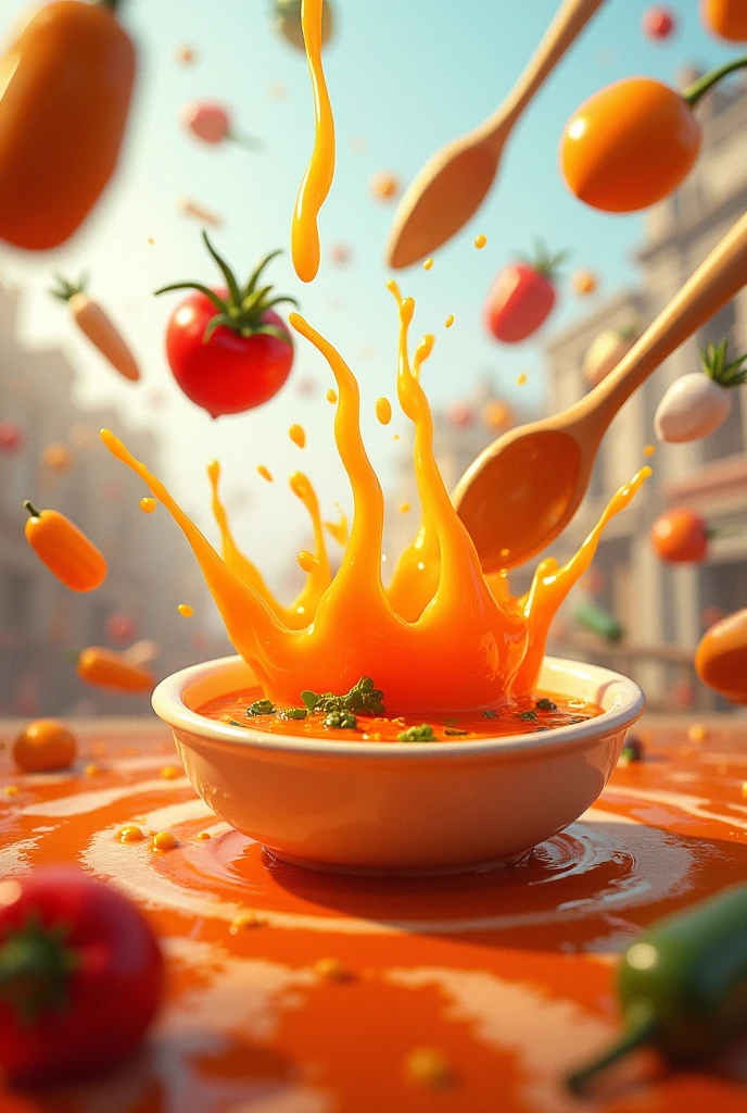 Food flying through the air, chaotic motion, spilling soup, animated style, dynamic and lively