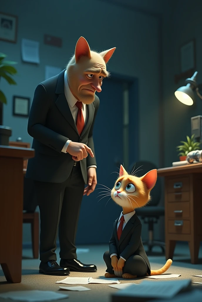 In a dimly lit room、Please draw a scene where an AI cat wearing a suit is being scolded by its boss.。AI cat in Pixar style、The facial expression conveys confusion and sadness.。The boss has a stern look、He is pointing out something to his subordinate AI cat.。In the room、Small mechanical items and documents are scattered around.、Create a dark atmosphere with a muted color scheme overall.。」