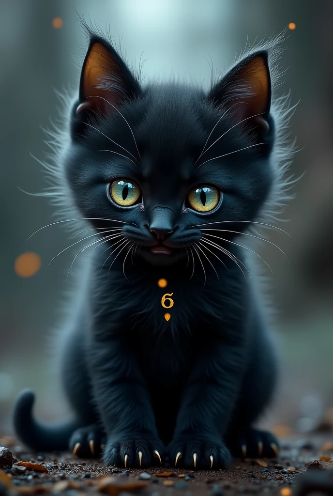 Cute black kitten with devil horns and big claws , with an evil look in the style of a mystic