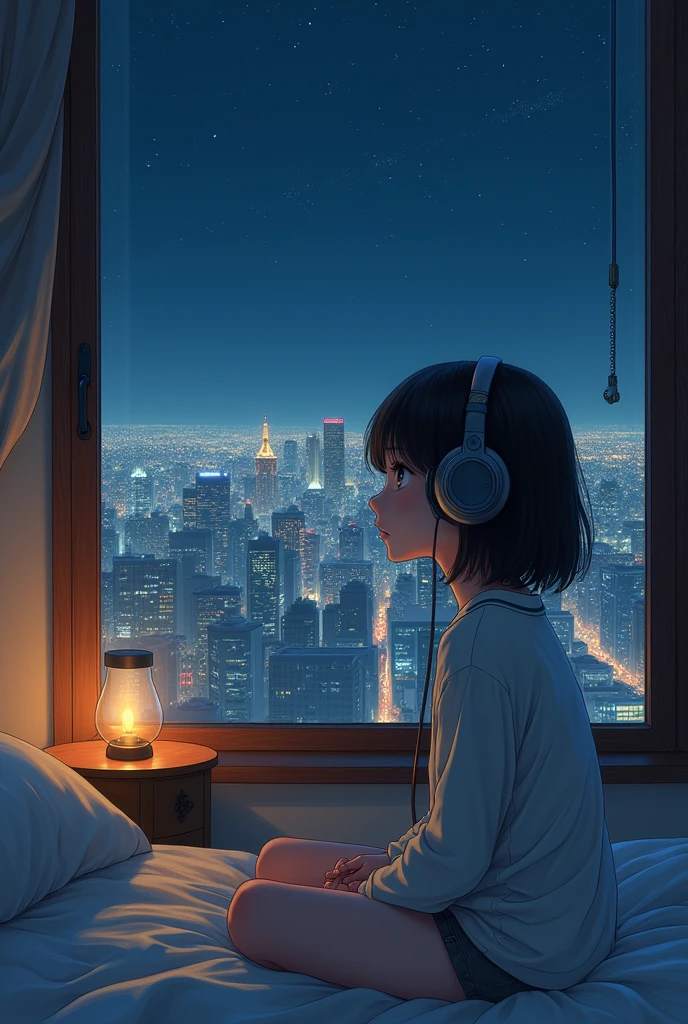 Suzuki Hideto-style images　A girl looking at the beautiful night view of the city from her room while listening to music through headphones　anime