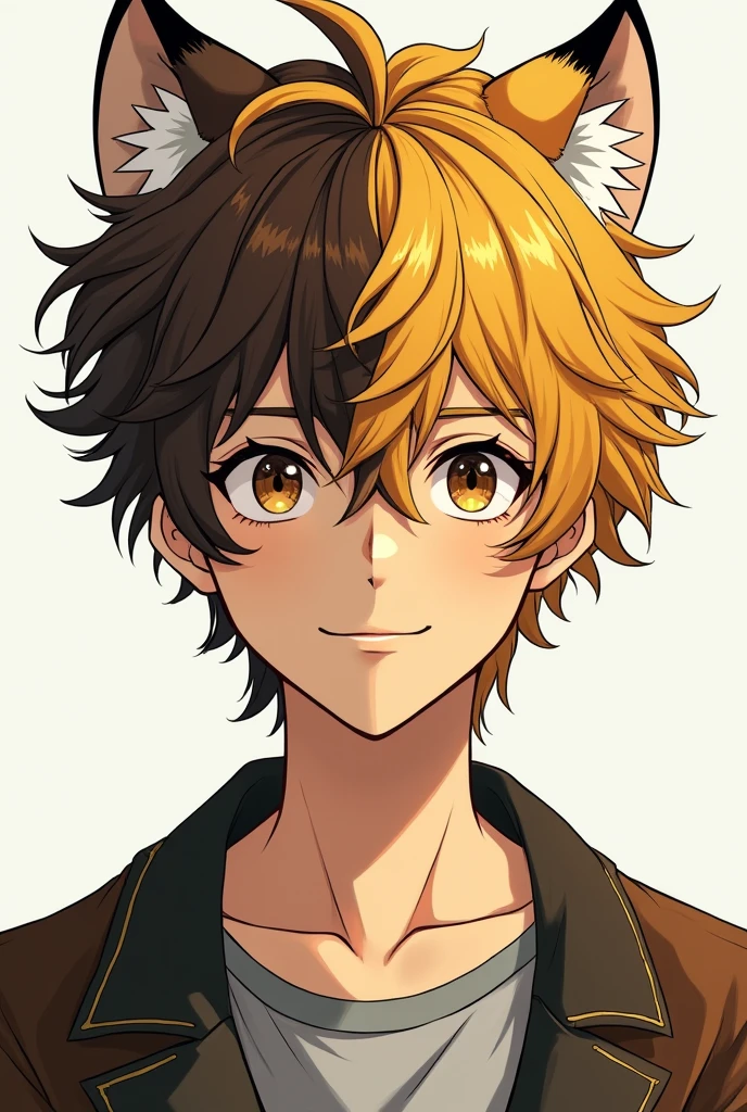 Draw a young man, one side of his face like a high school boy in the art style like that of manhwa, with light brown eyes and hair, and the other side of his face like a human being with tiger ears and eyes, with golden hair and eyes, He has to be tall with curious eyes and smiling