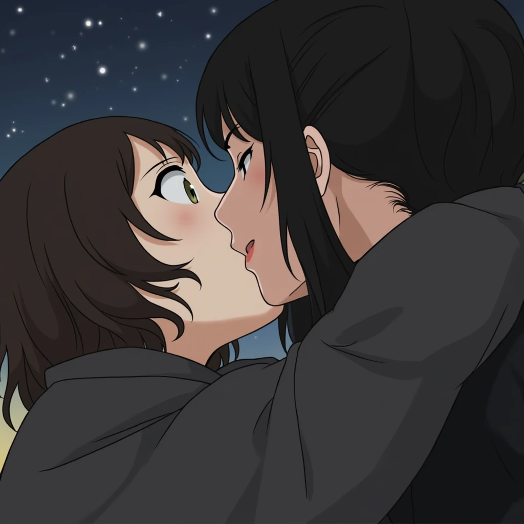 Generate a girl with dark brown slightly wavy hair and dark olive green almond shaped eyes. A soft jawline, a straight nose. Very nicely shaped eyebrows. Make her very beautiful because she is. the background it's gonna be the moonlight. She's around 1.
Generate her kissing Megumi Fushiguro from Jujutsu Kaisen
Style: Anime, The Jujutsu Kaisen artstyle to be exact, not from the first season. The second season because the artstyle is more soft and smoother