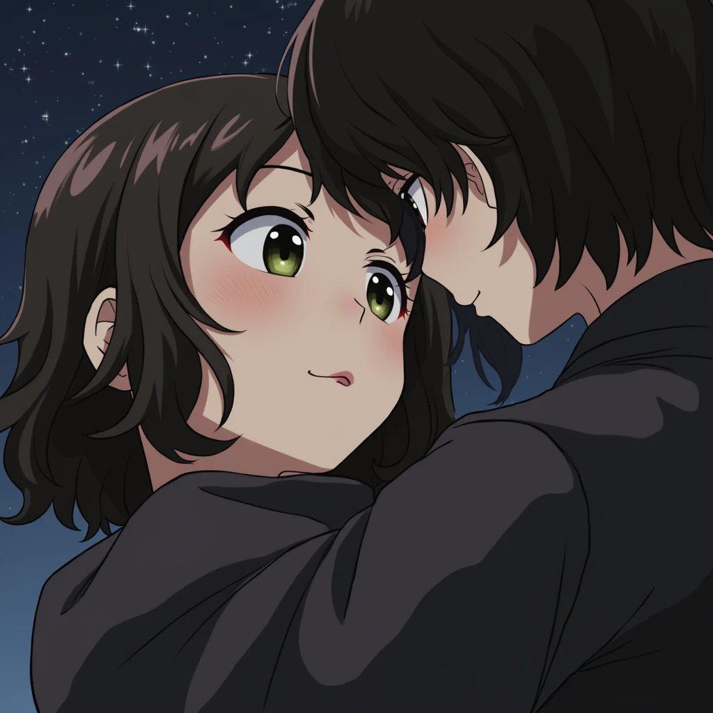 Generate a girl with dark brown slightly wavy hair and dark olive green almond shaped eyes. A soft jawline, a straight nose. Very nicely shaped eyebrows. Make her very beautiful because she is. the background it's gonna be the moonlight. She's around 1.
Generate her kissing Megumi Fushiguro from Jujutsu Kaisen
Style: Anime, The Jujutsu Kaisen artstyle to be exact, not from the first season. The second season because the artstyle is more soft and smoother