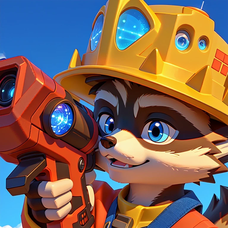 Close up of cartoon animals wearing firefighter hats,There are also giant giant giant giant giant giant giant giant giant giant giant giant giant giant giant, Pepe the Miner, merge, raccoon holding a laser gun, 3d icons for mobile games, Stylized game icons, raccoon, Ferret Warrior, Cool rocket, anthropomorphic raccoon