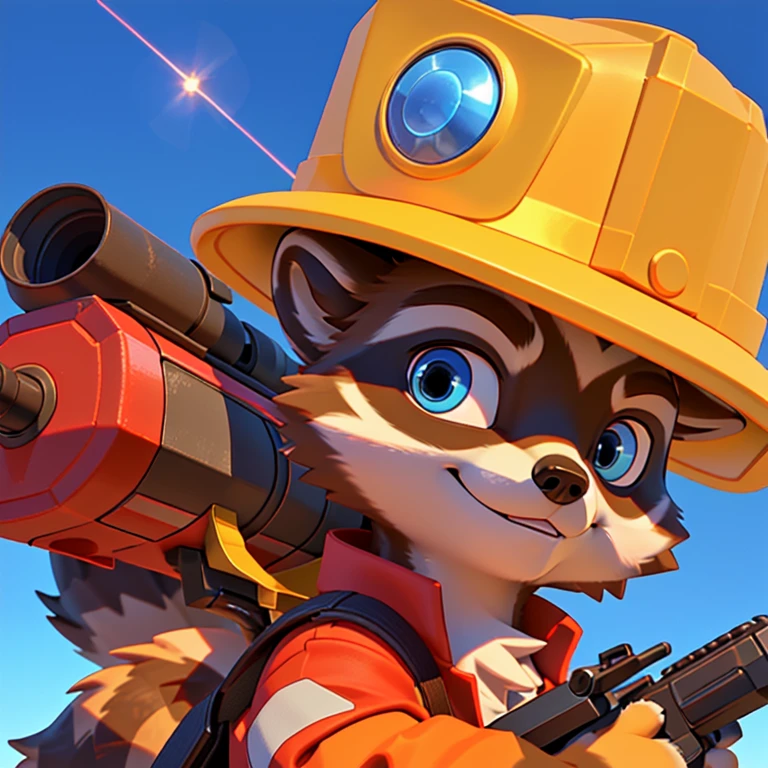 Close up of cartoon animals wearing firefighter hats,There are also giant giant giant giant giant giant giant giant giant giant giant giant giant giant giant, Pepe the Miner, merge, raccoon holding a laser gun, 3d icons for mobile games, Stylized game icons, raccoon, Ferret Warrior, Cool rocket, anthropomorphic raccoon