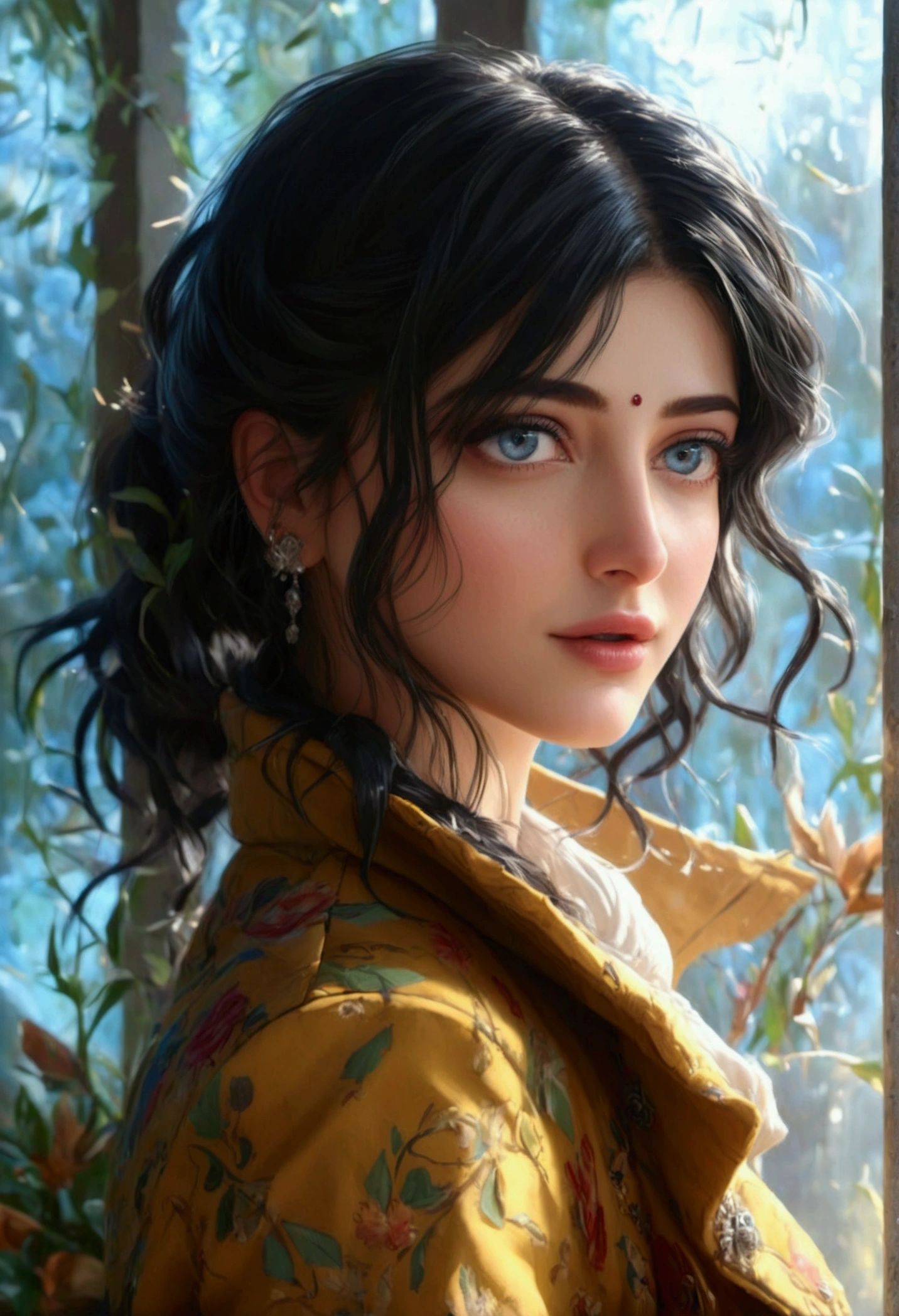 a beautiful detailed girl with blue eyes, black hair, and a jacket, extremely detailed face and eyes, longeyelashes, medium hair, (best quality,4k,8k,highres,masterpiece:1.2),ultra-detailed,(realistic,photorealistic,photo-realistic:1.37),cinematic lighting,intricate details,elegant pose,cinematic lighting,warm color tones,dramatic shadows, Shruti 