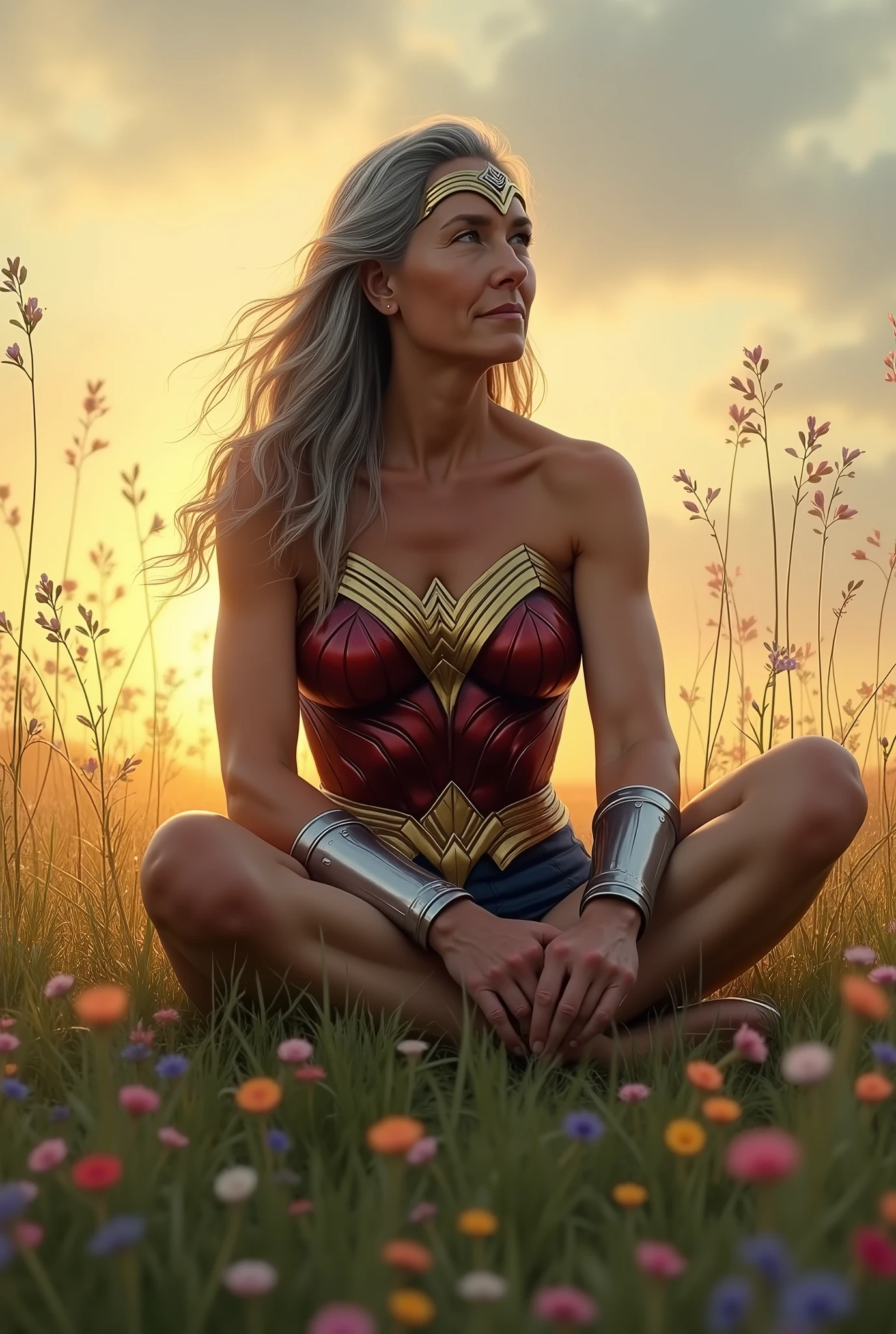 old Wonder Woman, with silver-streaked hair, sits in a peaceful meadow, holding her Lasso of Truth. She gazes into the distance, lost in thought. Background: A serene meadow, with wildflowers and a soft breeze. The sun is setting. Narration: "The warrior of peace now finds solace in tranquility."
