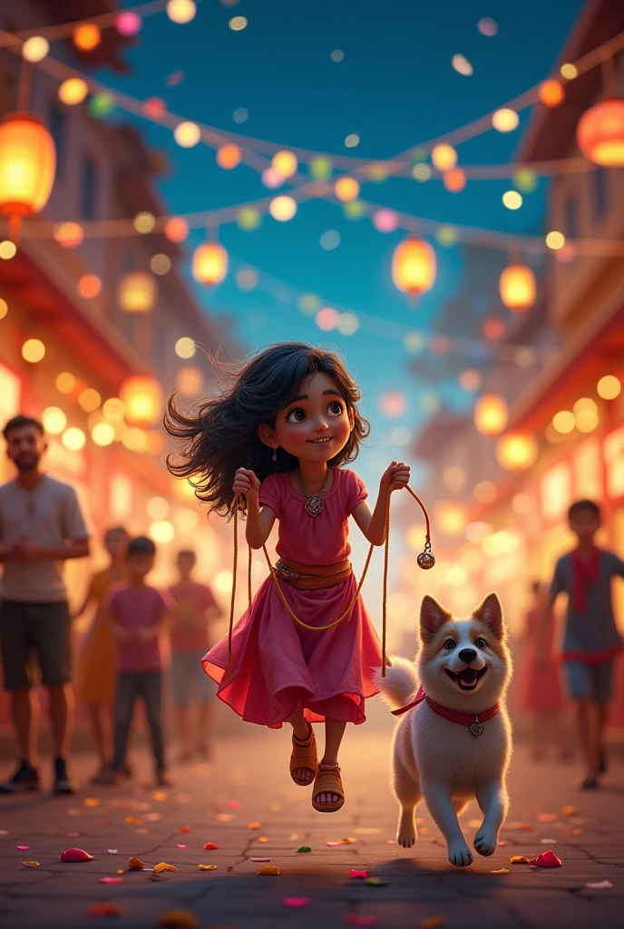 At the Festival:"A vibrant village festival at night, with colorful lights, decorations, and people enjoying various activities. Ayesha is seen playing games and riding swings, with Moti always close by, following her everywhere."