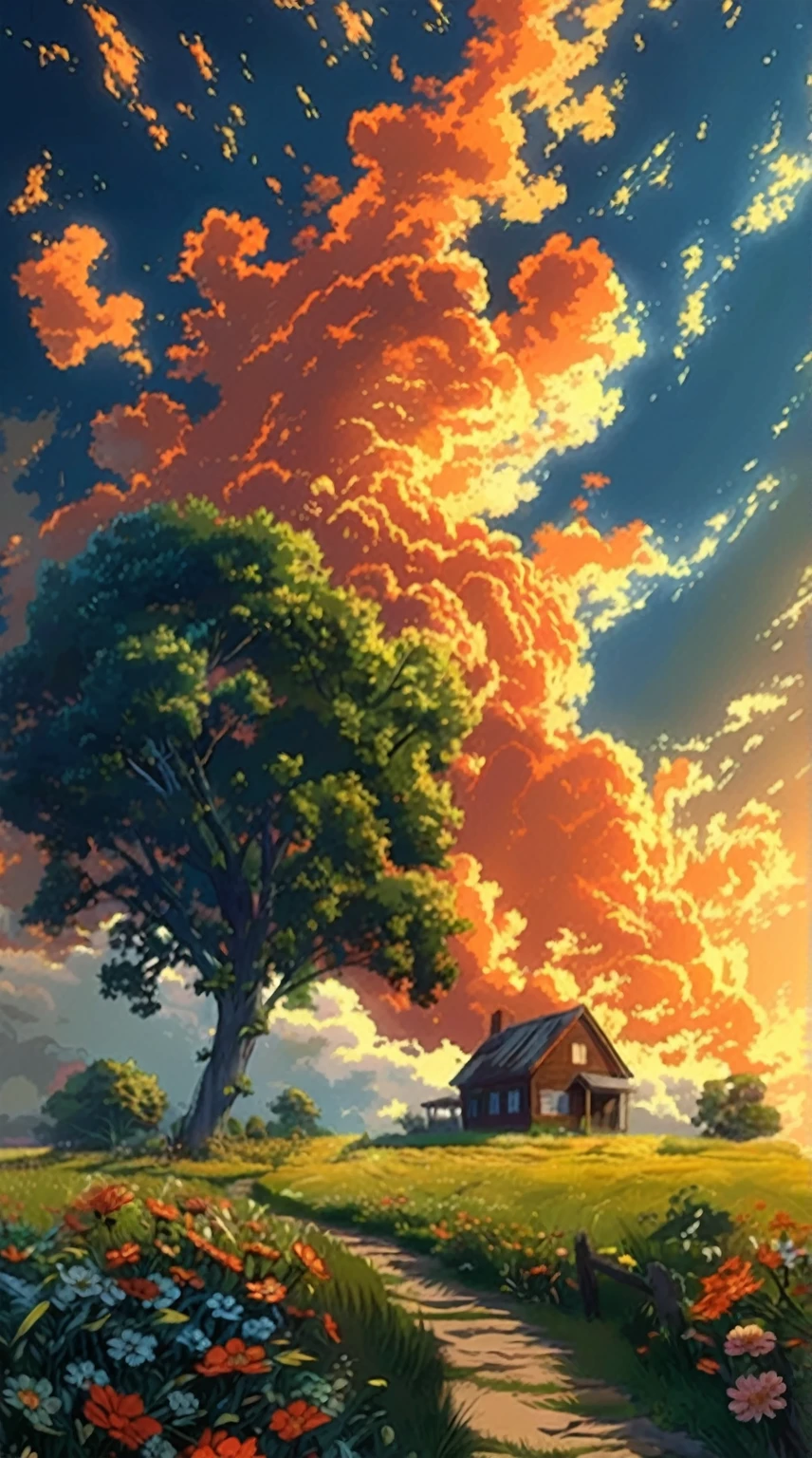 painting of a house in a field with a tree and flowers, anime sky, anime landscape wallpaper, anime countryside landscape, anime landscape, anime clouds, anime background, anime background art, anime art wallpaper 4 k, anime art wallpaper 4k, studio ghibli sky, 4 k manga wallpaper, 4k anime wallpaper, anime wallpaper 4k, anime wallpaper 4 k, anime scenery