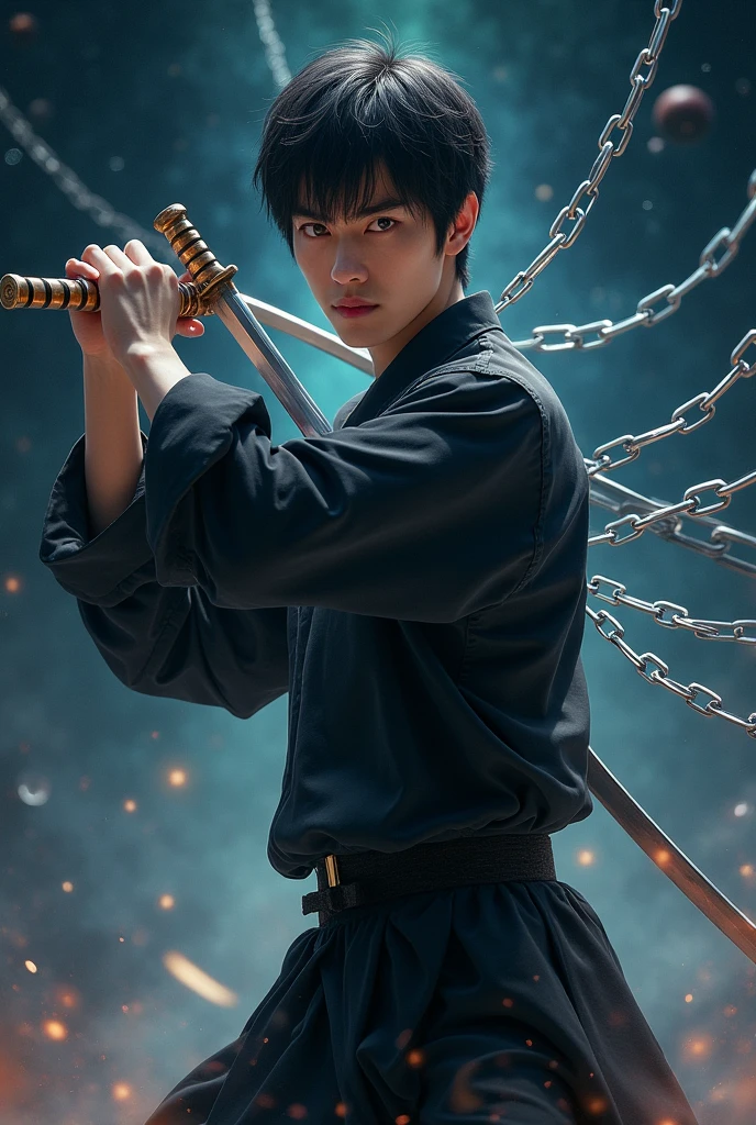 1 male, teacher, wearing black shirt, rolled up sleeves, black long pants, black hair, short hair, face to detail, detailed eyes, dark grey eyes, hood, the background is space in china. In a fighting position. Silver chains everywhere. Holding a sword standing.