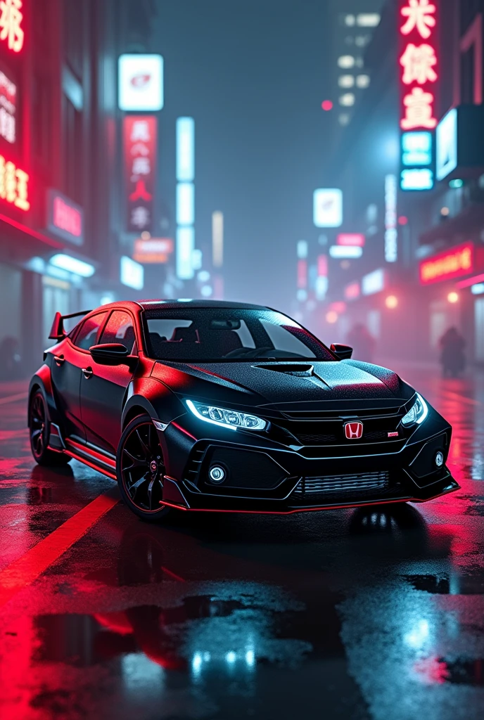 Black Honda civic type r in cyber punk and Red and blue neon lights