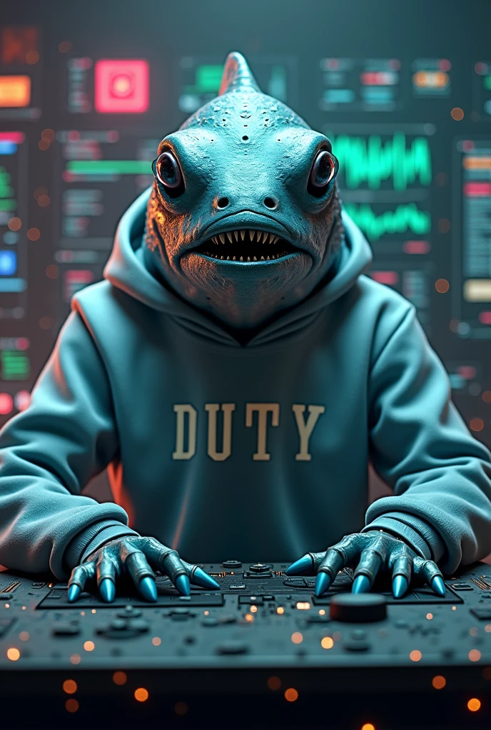Create a front facing fish man with a sweatshirt that says duty and make him hack and with a hacker background