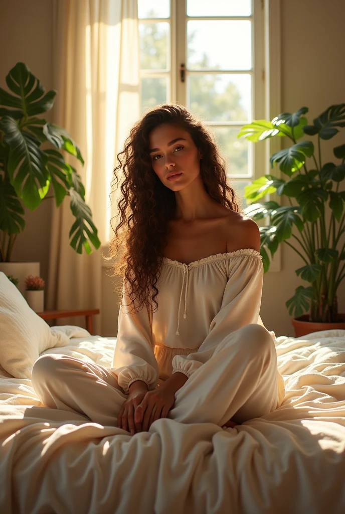 (photorealism:1.2), beautiful (photorealism:1.2), beautiful woman, sitting on bed, wearing loose off-shoulder top, pajama pants, long curly hair, indoors, soft lighting, plants in background, window with sunlight, cozy room, relaxed pose, realistic, intricate details, warm colors, by Greg Rutkowski, by Alphonse Mucha sitting on bed, wearing loose off-shoulder top, pajama pants, long curly hair, indoors, soft lighting, plants in background, window with sunlight, cozy room, relaxed pose, realistic, intricate details, warm colors, by Greg Rutkowski, by Alphonse Mucha