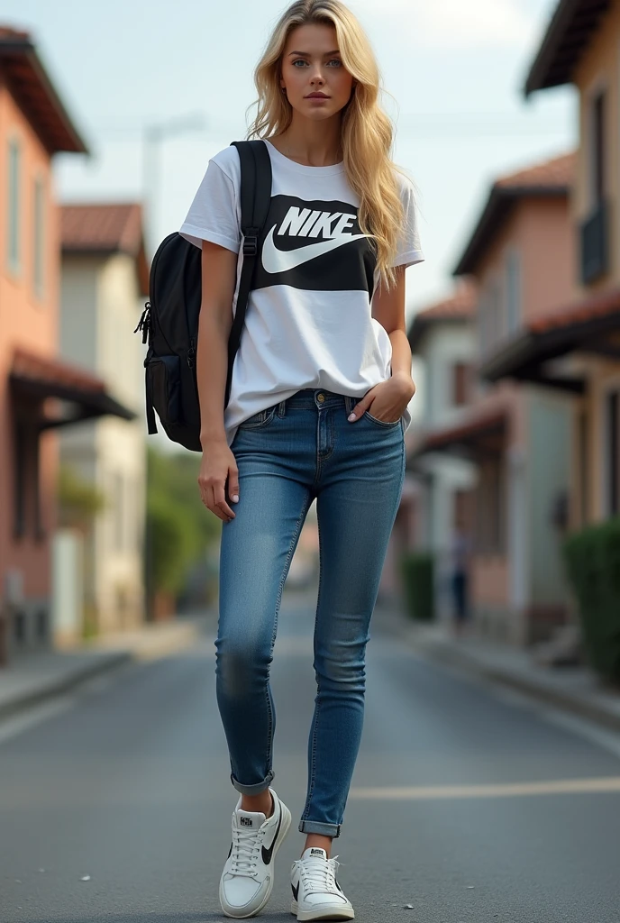 Create a realistic image of a 20 year old woman,
long blond hair, blue eyes, cheekbones, ((full body)),
Dressed in blue jeans, t-shirt of the brand: (NIKE) in white and black, sneakers of the brand: (NIKE air max) in white and black, a backpack of the brand: (EASTPAK)
background image: a street with houses,
head to toe, full body, hyper realistic photo
