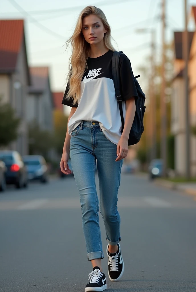 Create a realistic image of a 20 year old woman,
long blond hair, blue eyes, cheekbones, ((full body)),
Dressed in blue jeans, t-shirt of the brand: (NIKE) in white and black, sneakers of the brand: (NIKE air max) in white and black, a backpack of the brand: (EASTPAK)
background image: a street with houses,
head to toe, full body, hyper realistic photo