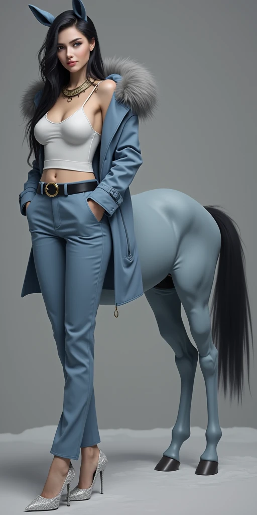 masterpiece,(Best quality:1.3),Centaur girl,lora:Centaur girlV1.0:0.6,(Icefield:1.3),(Head and body 1：9：1.3)Nine-head body，Elegant, beautiful and elegant，All four legs are wearing tight white collar black，White shirt，Leisure fur，Beautiful body，Black white collar suit，Wearing tight black suit pants，I&#39;m wearing a casual suit，（(Black work suit: 1.6)）,Smooth skin，Black Hair，Perfect facial features，Full breasts，(Leather belt bracelet neck: 1.4)，(White crystal high heels: 1.6)，Fair and translucent skin，Pale skin，Peach-like skin，The milky white porcelain skin of the eggs