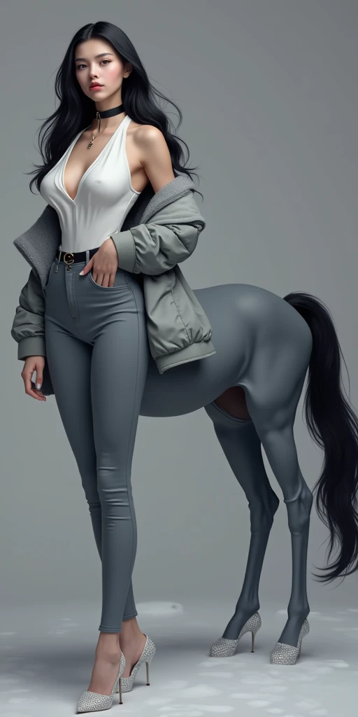 masterpiece,(Best quality:1.3),Centaur girl,lora:Centaur girlV1.0:0.6,(Icefield:1.3),(Head and body 1：9：1.3)Nine-head body，Elegant, beautiful and elegant，All four legs are wearing tight white collar black，White shirt，Leisure fur，Beautiful body，Black white collar suit，Wearing tight black suit pants，I&#39;m wearing a casual suit，（(Black work suit: 1.6)）,Smooth skin，Black Hair，Perfect facial features，Full breasts，(Leather belt bracelet neck: 1.4)，(White crystal high heels: 1.6)，Fair and translucent skin，Pale skin，Peach-like skin，The milky white porcelain skin of the eggs